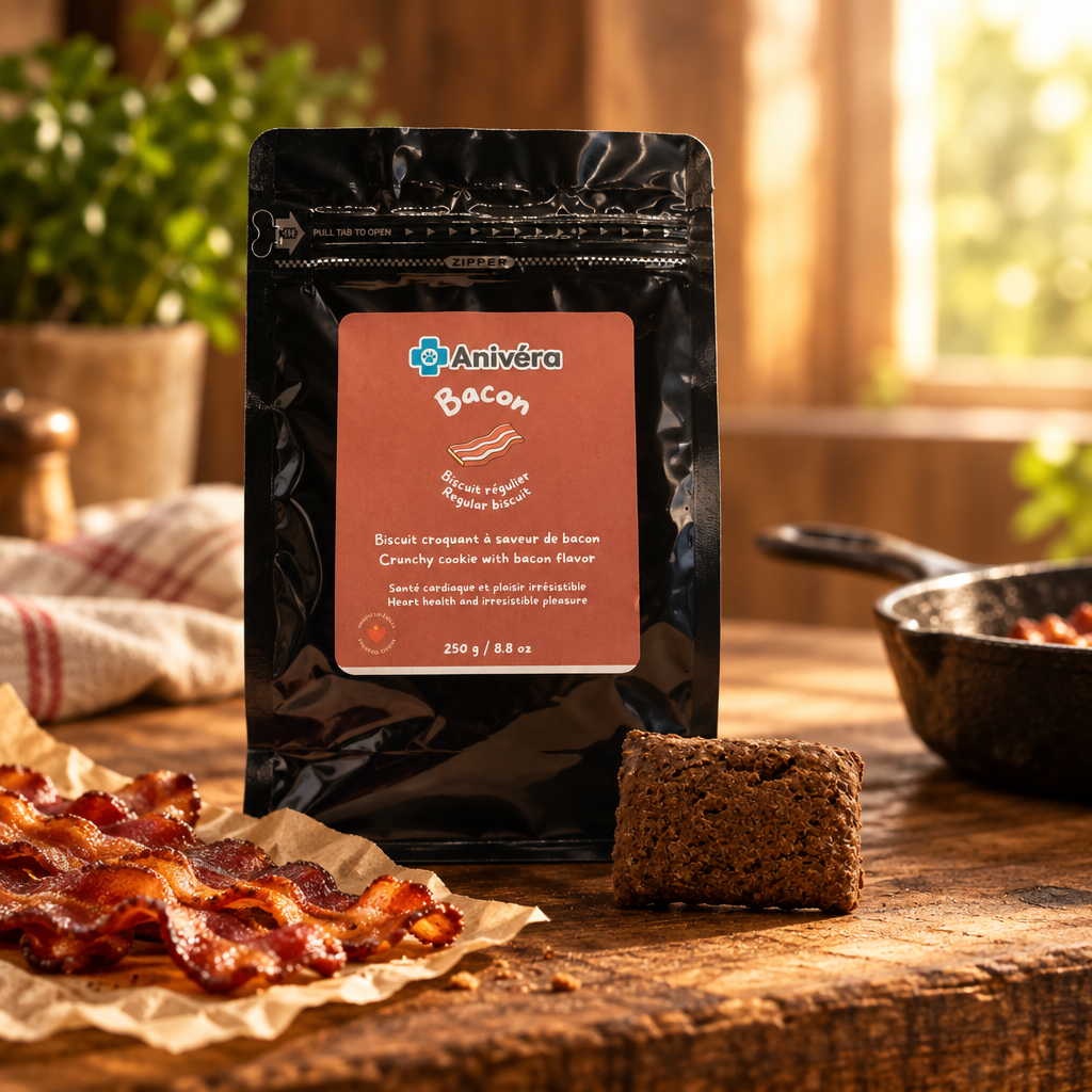 Biscuit régulier au bacon : l'emballage et la gâterie