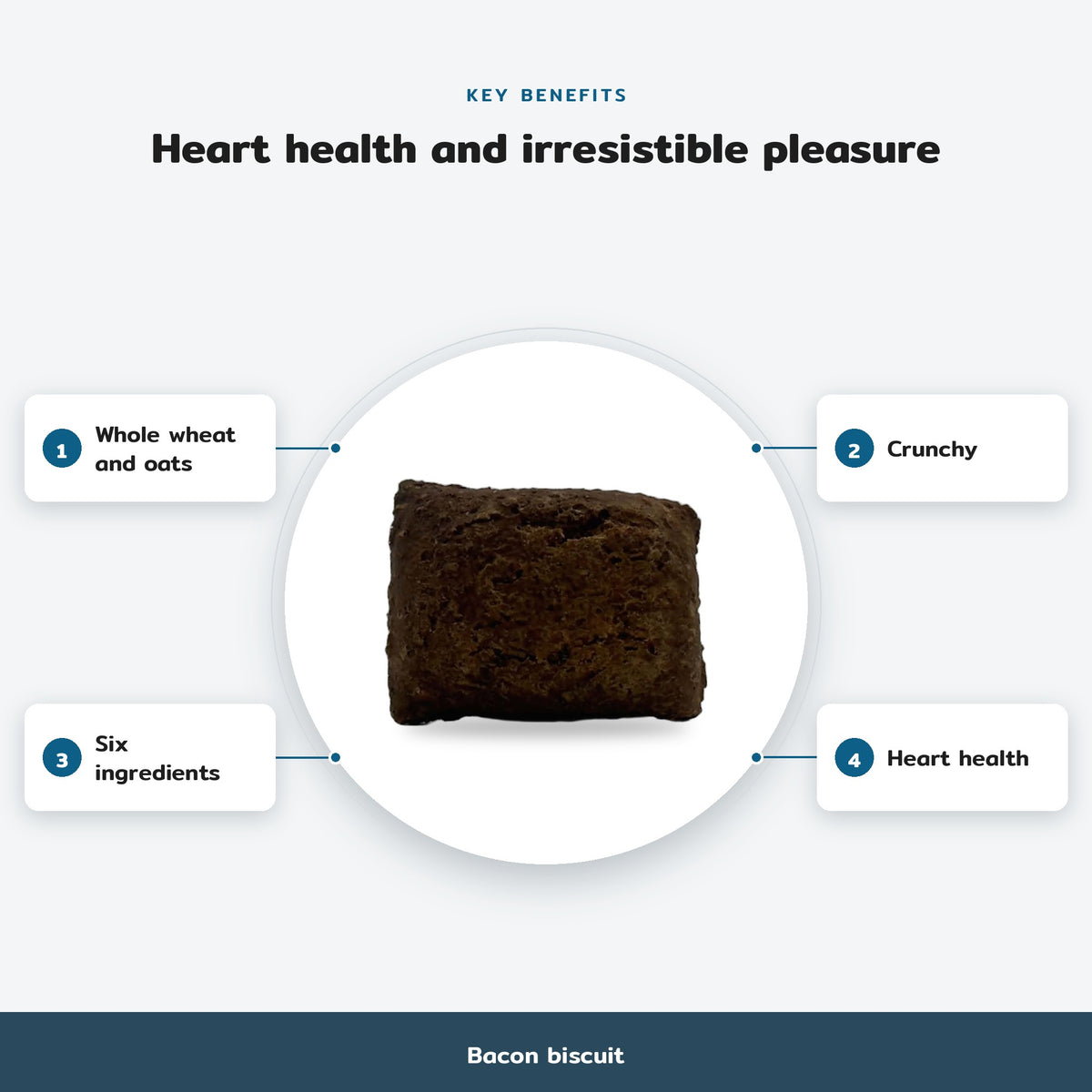 Key benefits infographic, Bacon biscuit: Whole wheat and oats, Crunchy, Six ingredients, Heart health