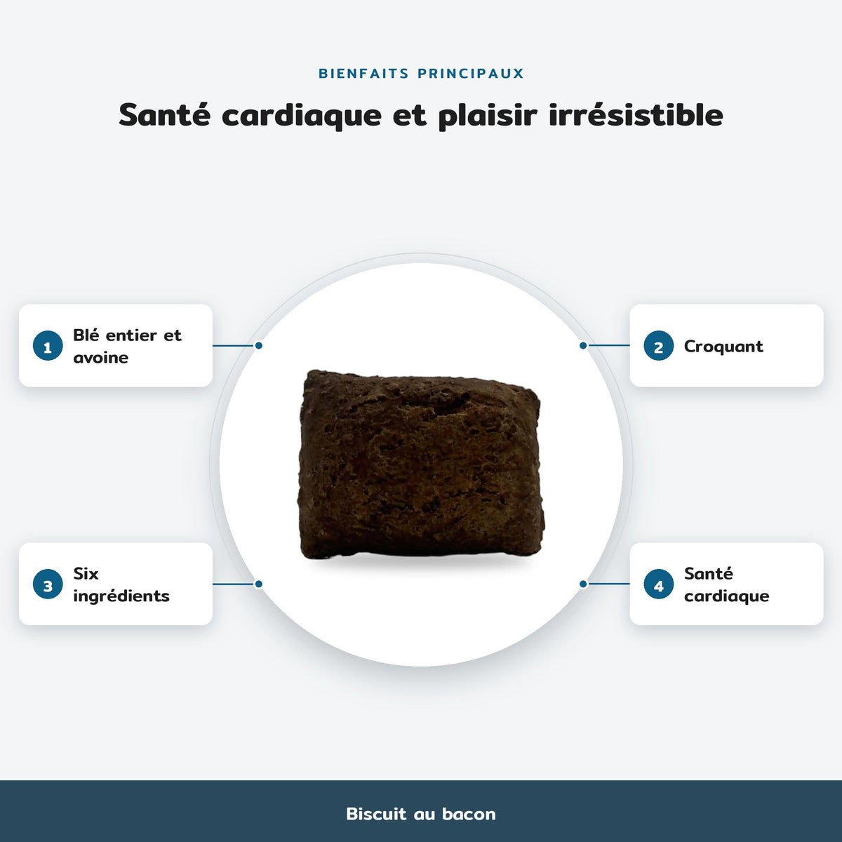 Infographie des bienfaits principaux, Biscuit au bacon : Blé entier et avoine, Croquant, Six ingrédients, Santé cardiaque