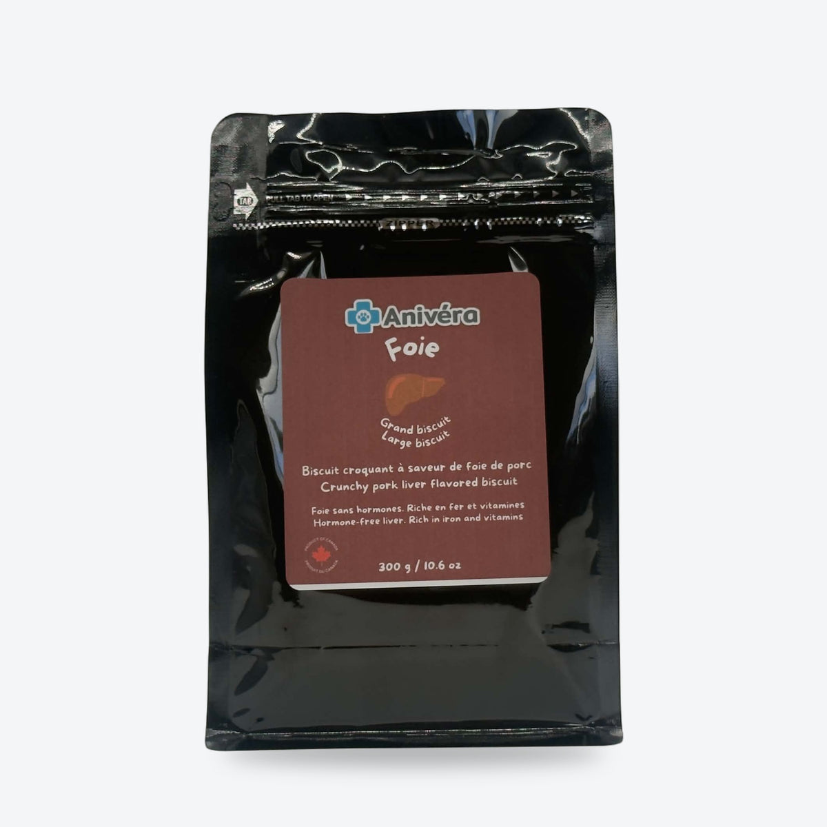 Biscuit au foie de porc, grand format 300 g : emballage, face avant