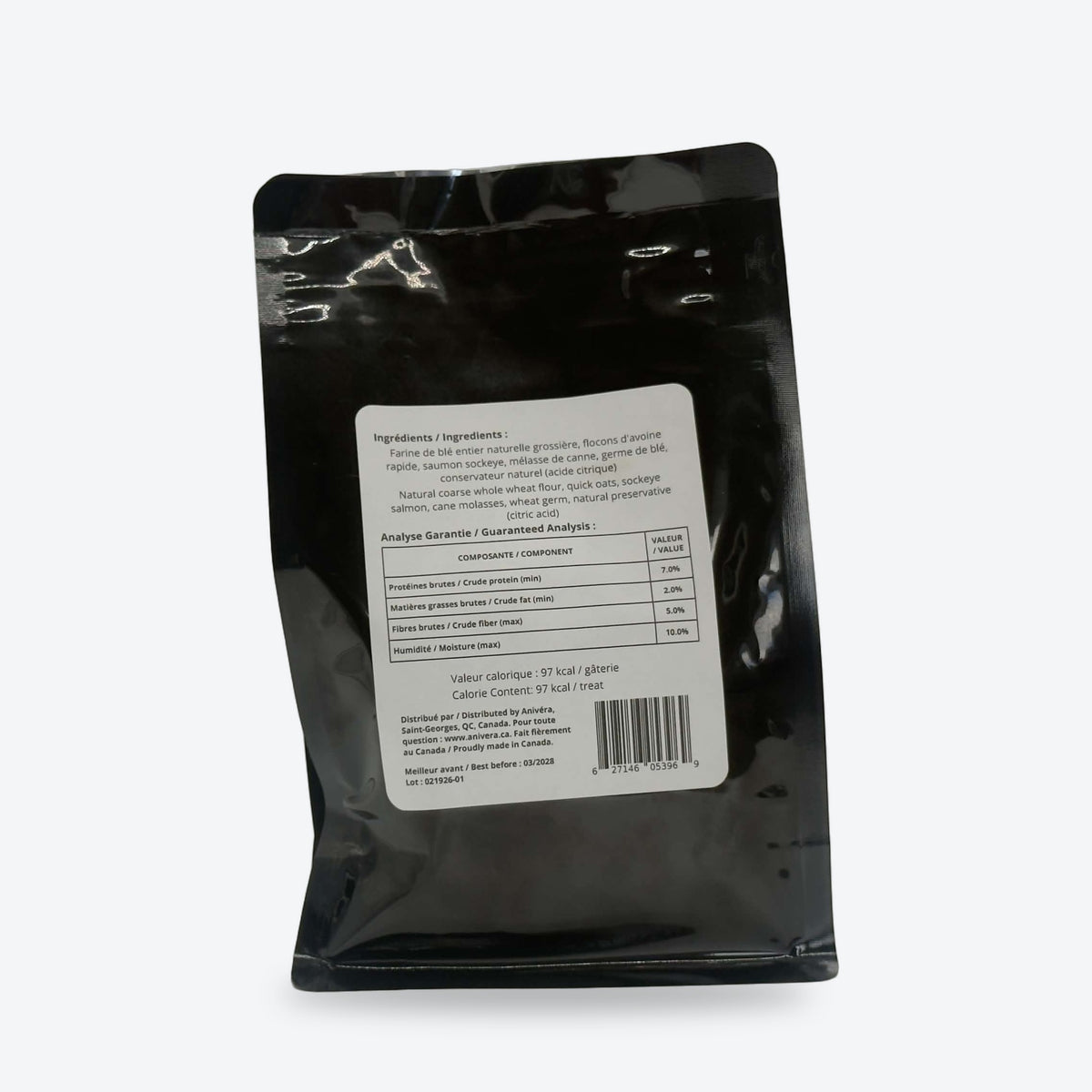 Biscuit au saumon, grand format 300 g : emballage, face arrière