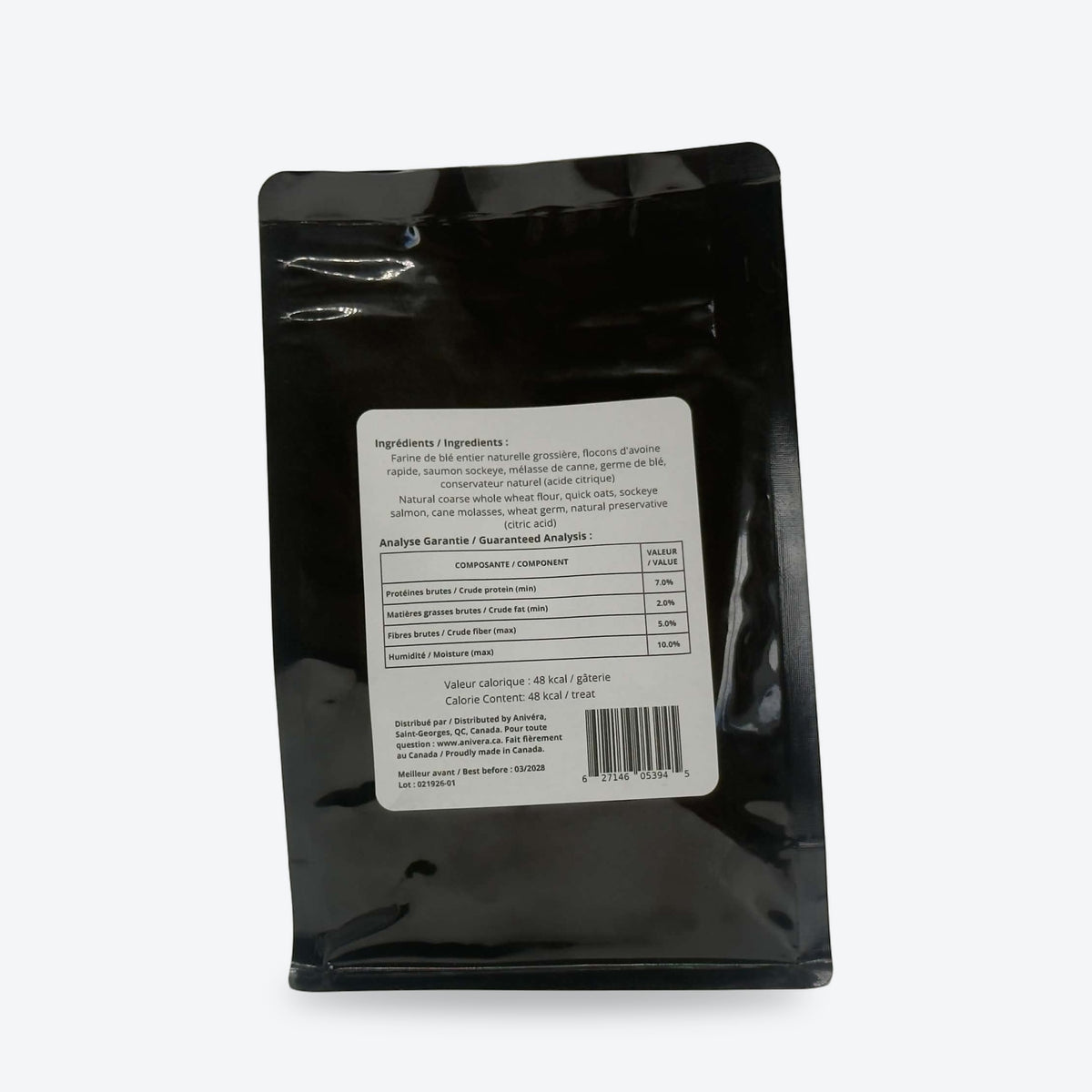 Biscuit au saumon, format régulier 250 g : emballage, face arrière