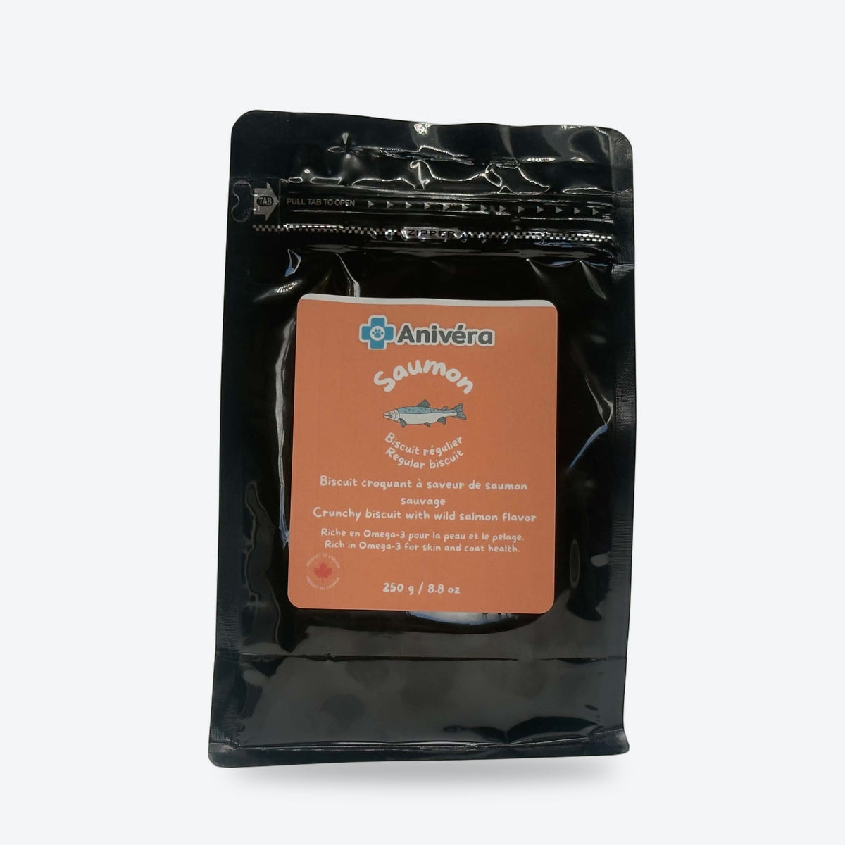 Biscuit au saumon, format régulier 250 g : emballage, face avant