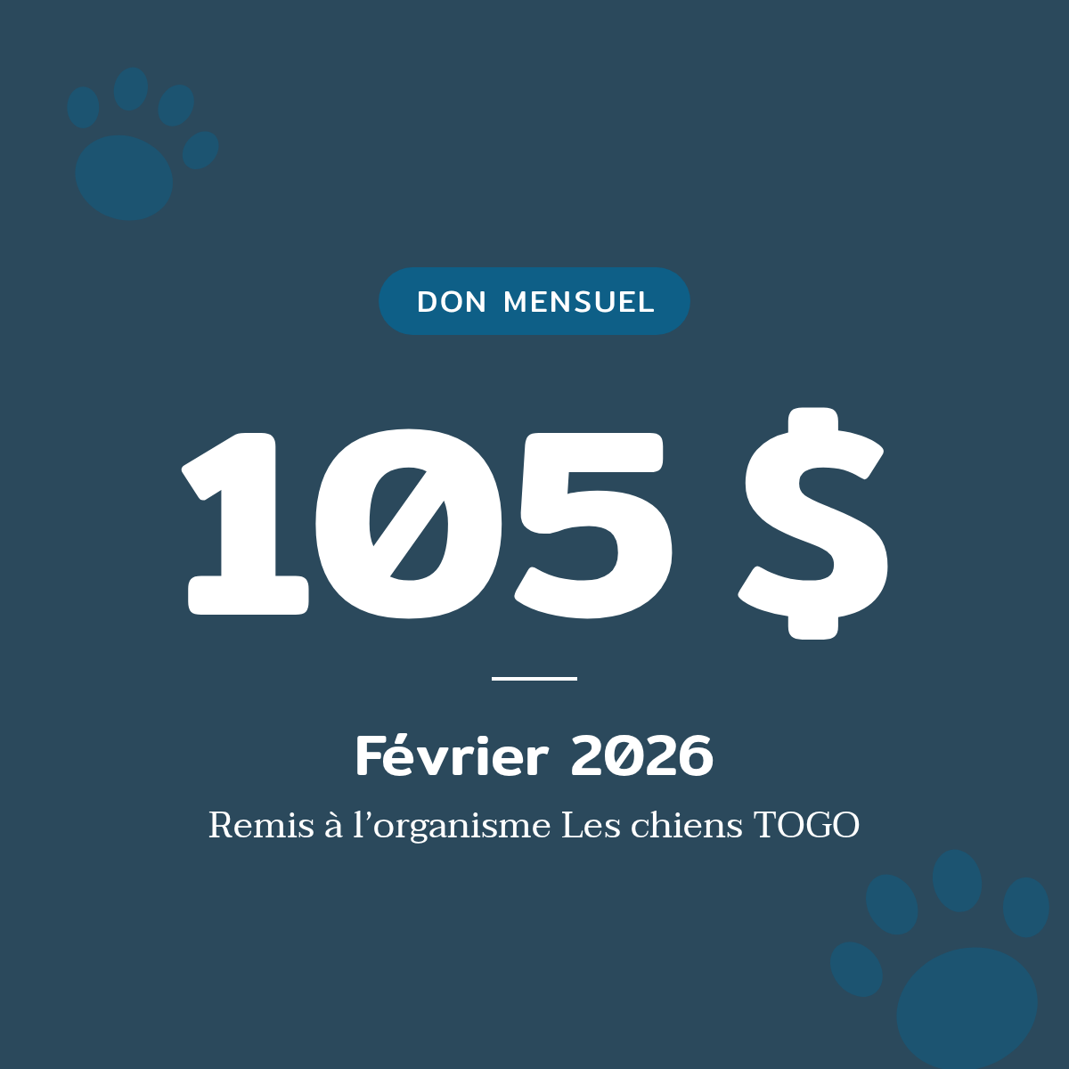 Don mensuel de 105 $ remis à Les chiens TOGO en février 2026
