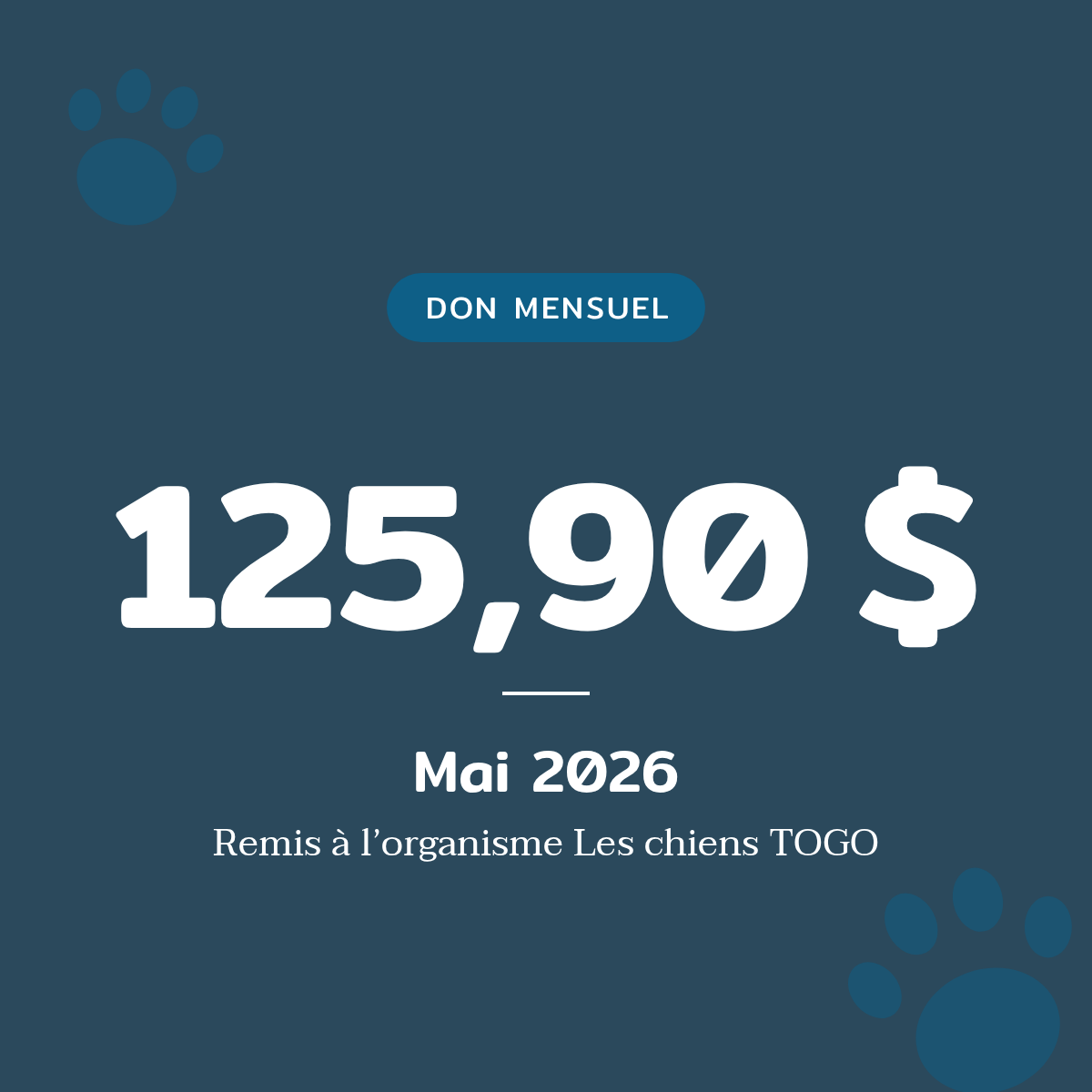 Don mensuel de 125,90 $ remis à Les chiens TOGO en mai 2026