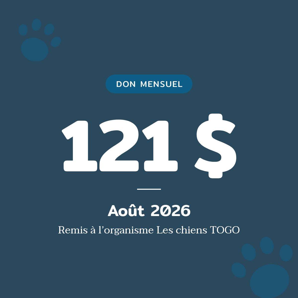 Don mensuel de 121 $ remis à Les chiens TOGO en août 2026