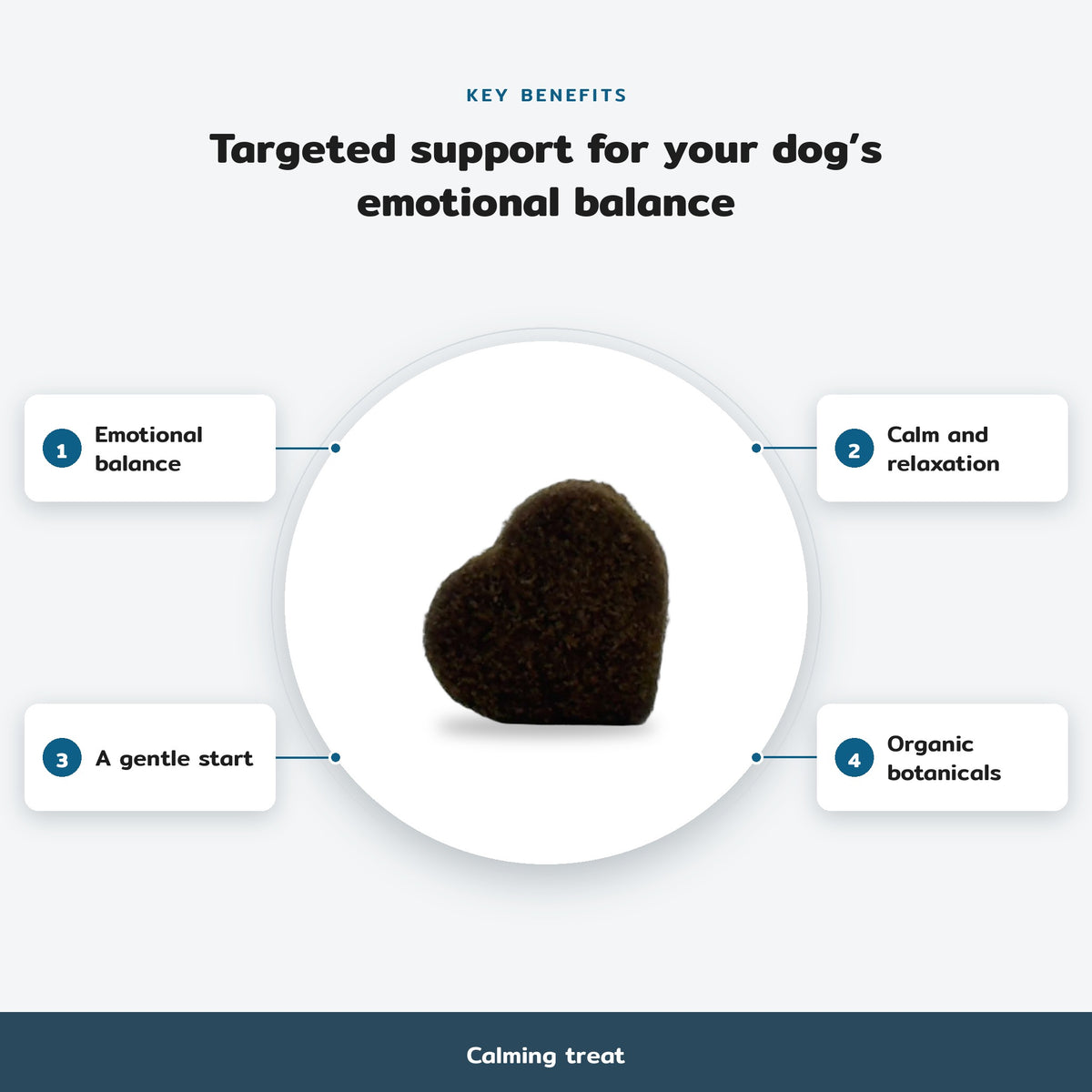 Key benefits infographic, Calming treat: Emotional balance, Calm and relaxation, A gentle start, Organic botanicals
