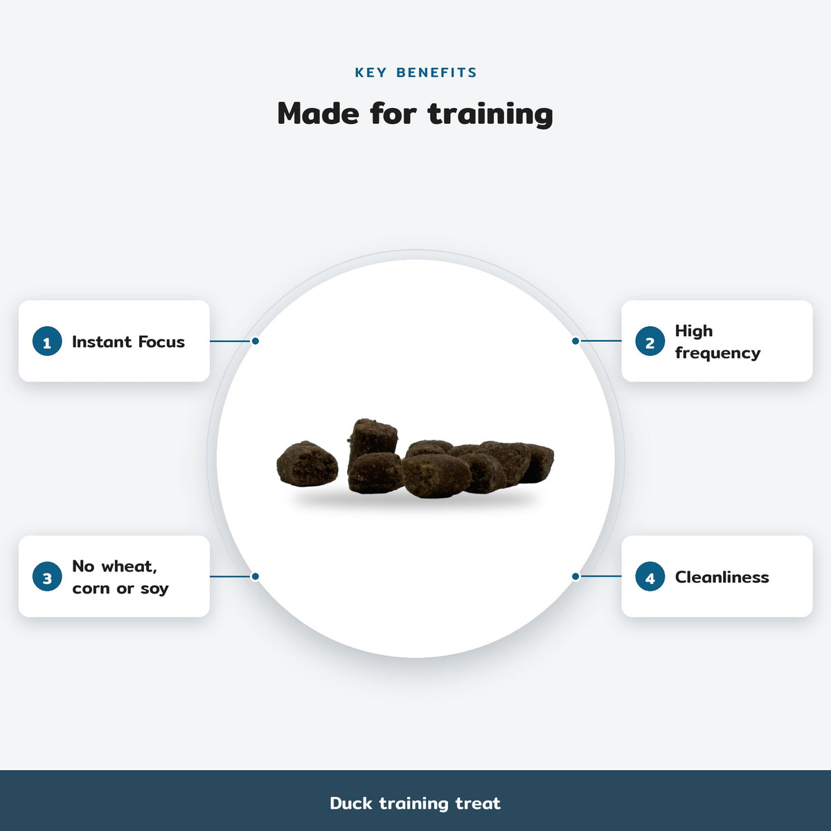 Key benefits infographic, Duck training treat: Instant Focus, High frequency, No wheat, corn or soy, Cleanliness