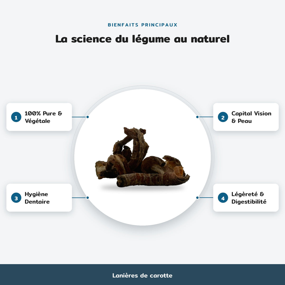 Lanières de carotte : La science du légume au naturel. Bienfaits : 100% Pure & Végétale, Capital Vision & Peau, Hygiène Dentaire, Légèreté & Digestibilité