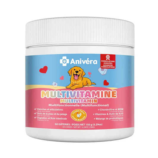 Pot de multivitamines Anivéra pour chien avec illustration de chien, 60 gâteries saveur poulet