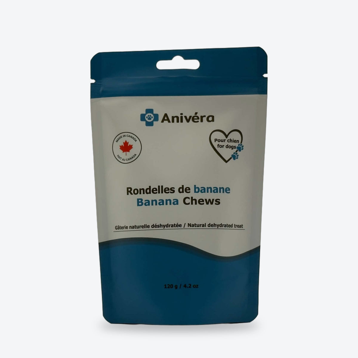 Rondelles de banane : emballage, face avant / Banana chews: bag, front
